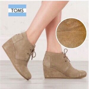 TOMS Suede Desert Wedge Lace Up Ankle Booties Brown Size 7.5 Tie Boots Shoes